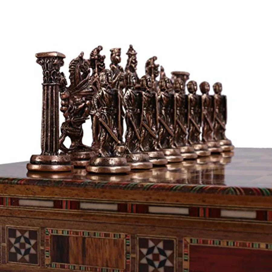 Medieval British Army Antique Copper Metal Chess Set for Adults Handmade Pieces and Natural Solid Wooden Chess Board with Hidde