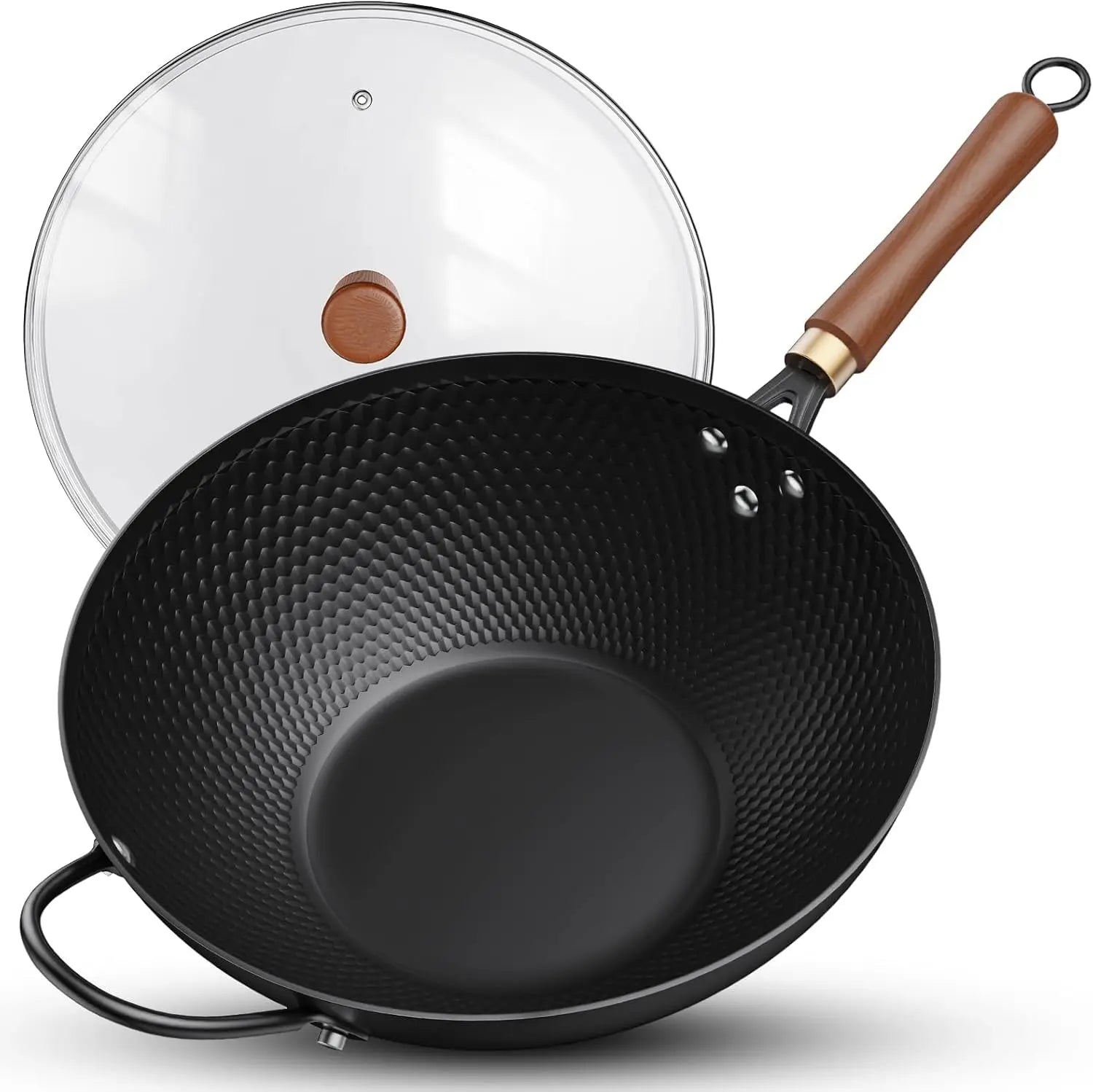 13-Inch Carbon Steel Wok Pan with Glass Lid, Nonstick for All Stoves Including Induction