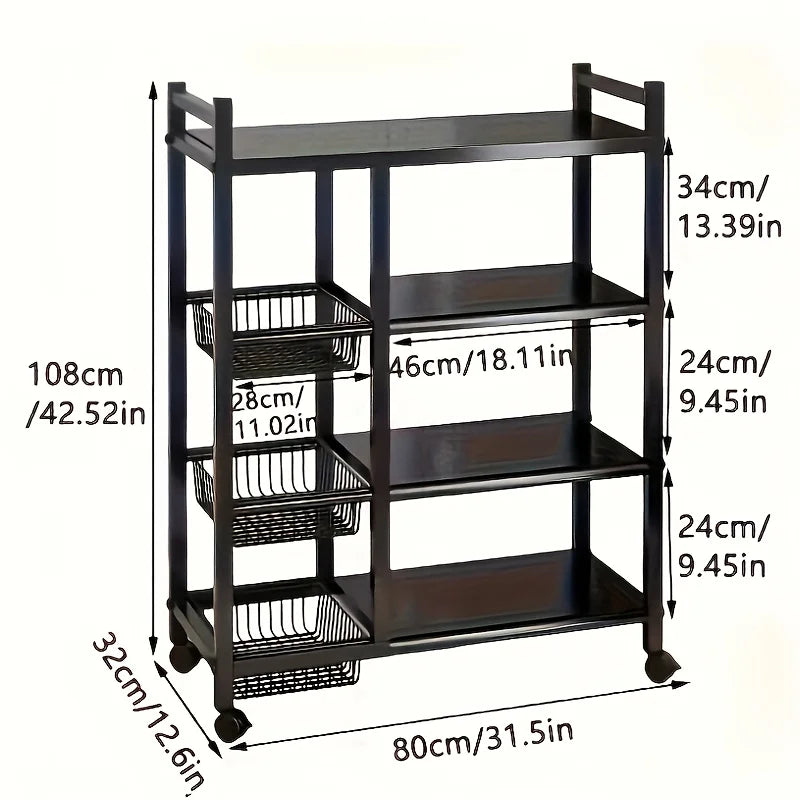 New Heavy-Duty 4-Tier Freestanding Shelf with 3 Baskets - Durable Carbon Steel.