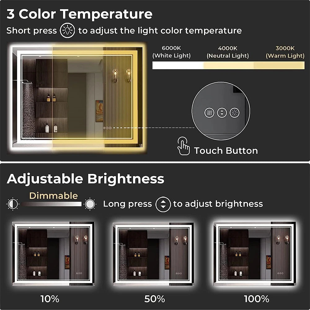 LED Front Backlit Dimmable Vanity Wall Mirror HD Anti-fog