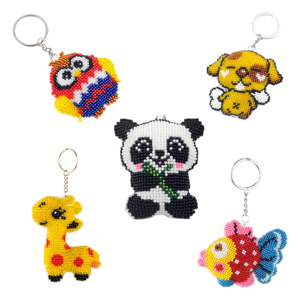 2/5Pcs Animal DIY Beaded Cross Stitch Ornament Kit Printed Bead Embroidery Needlework Key Ring Kit Gift for Friends