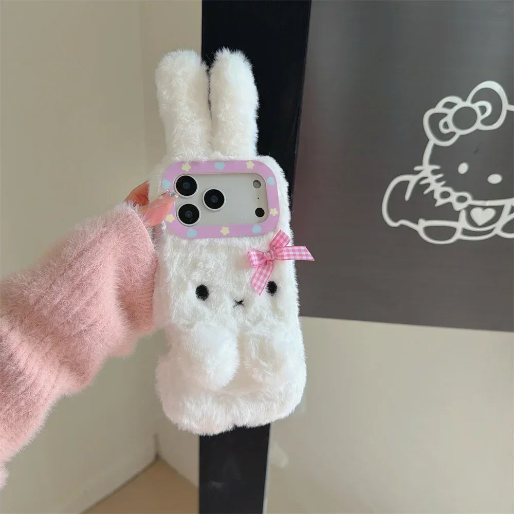 Warm fluffy furry bow 3D rabbit phone case.