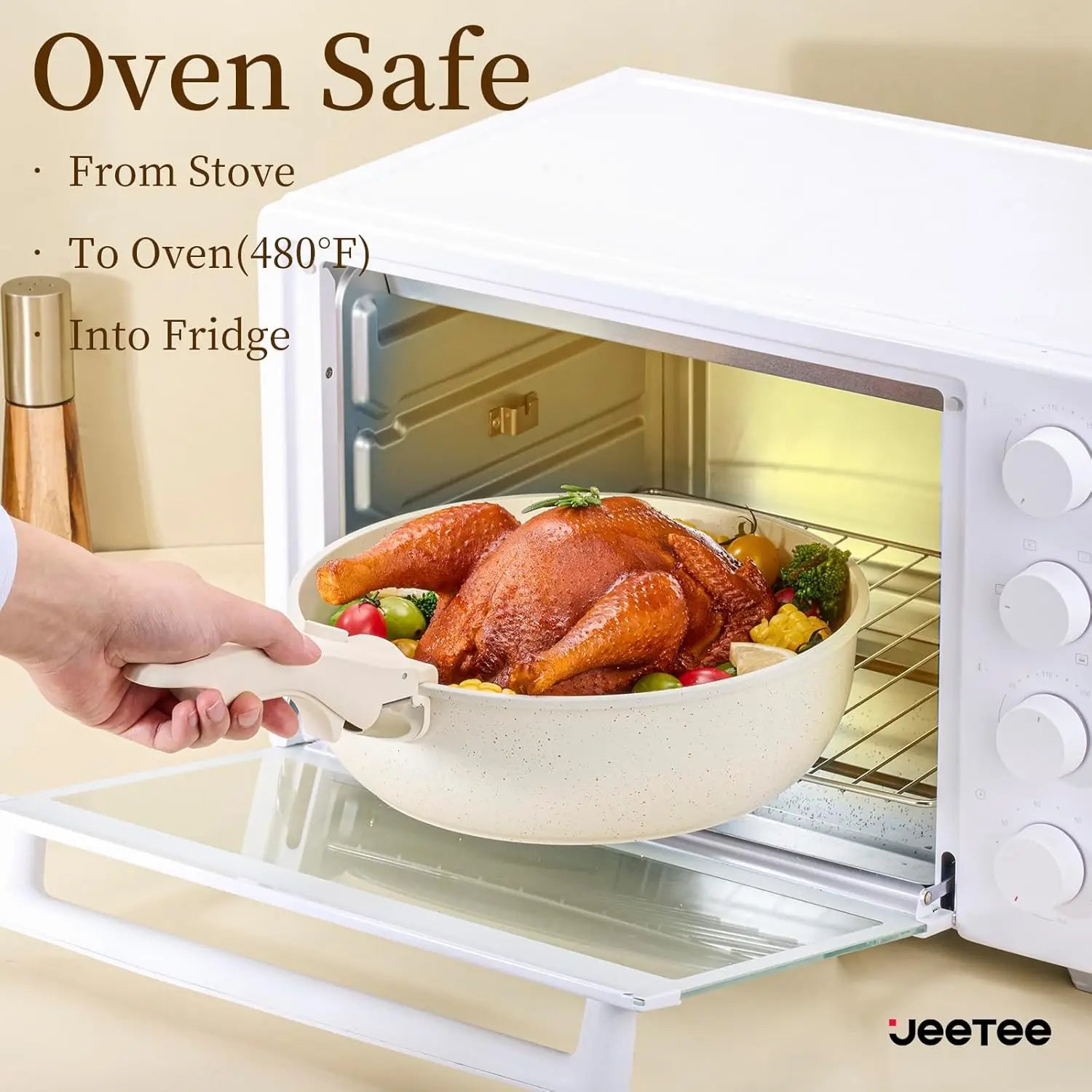 17-Piece Nonstick Cookware Set with Detachable Handle, Induction Safe, Oven Safe, PFAS/PFOA Free in Beige