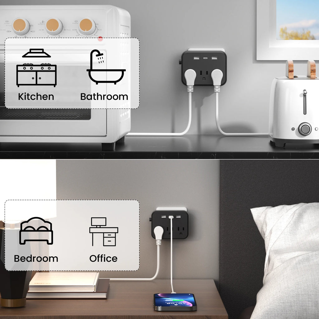 Switch with surge protector Mini Portable power strip 6-in-1 Multifunctional 3 power strip 2 USB ports 1 Type-C
