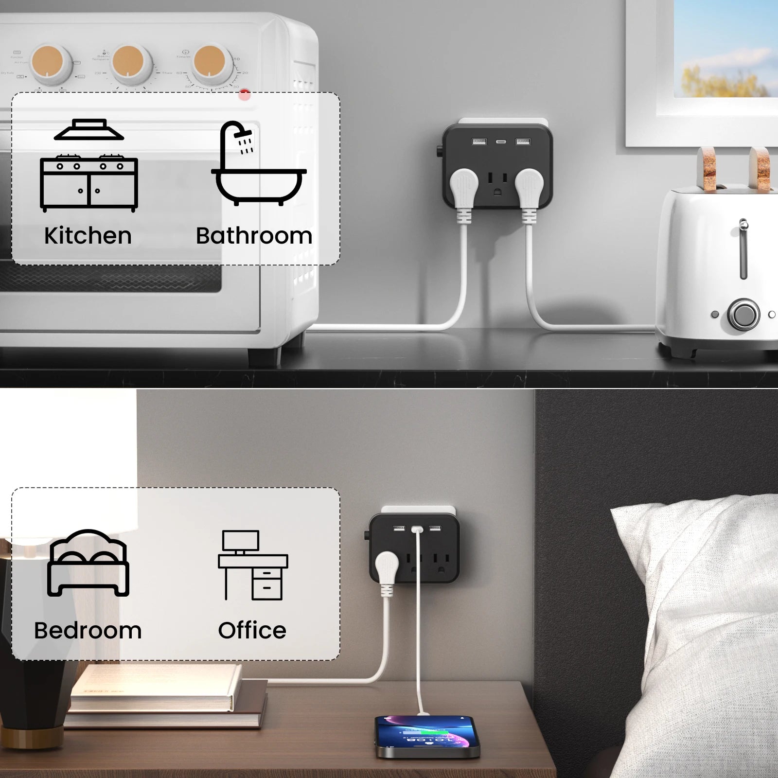 Switch with surge protector Mini Portable power strip 6-in-1 Multifunctional 3 power strip 2 USB ports 1 Type-C