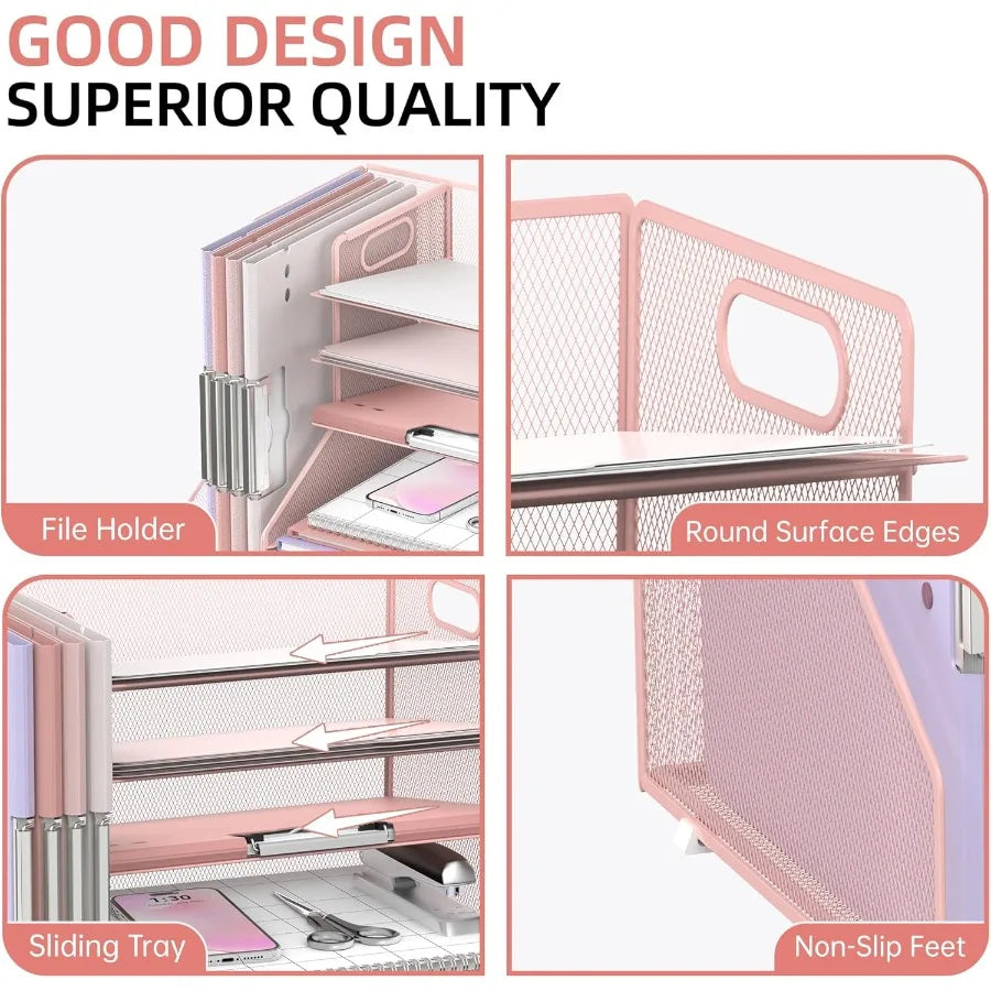 Pink 5-Tier Mesh Paper Letter Tray with Magazine Holder and Desktop Organizer for Office Supplies Storage Ideal Desk Accessory