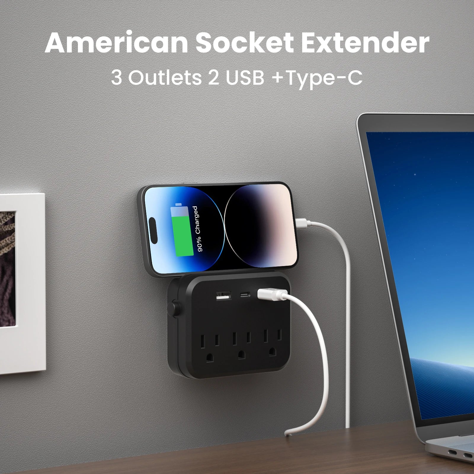 Switch with surge protector Mini Portable power strip 6-in-1 Multifunctional 3 power strip 2 USB ports 1 Type-C