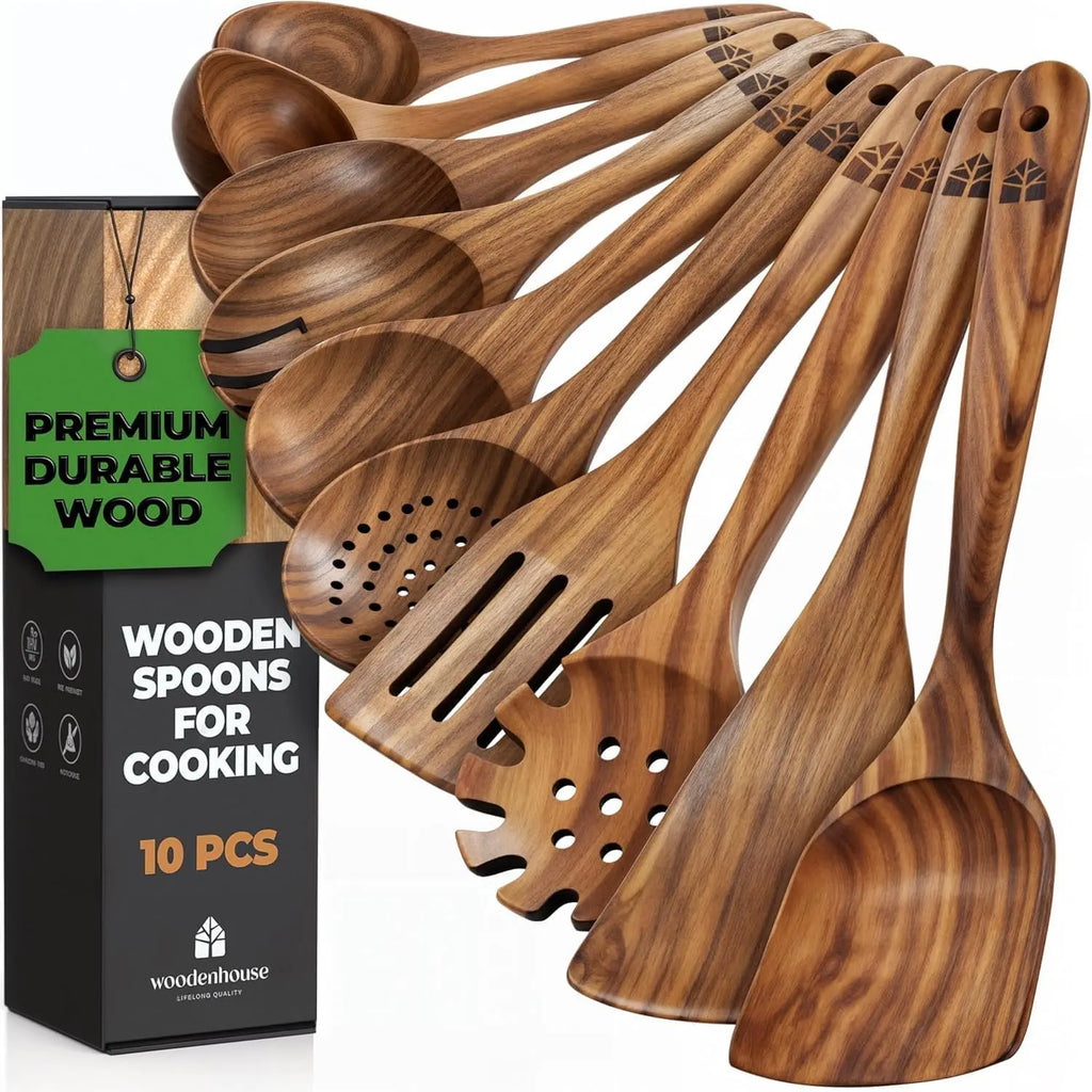 10-Piece Teak Wood Cooking Utensil Set, Durable, Nonstick Safe & Heat Resistant with Ergonomic Handles