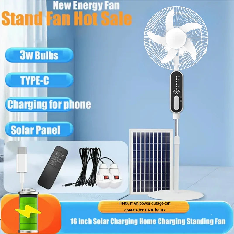 Solar rechargeable fan with solar panel, 2 bulbs, remote control function, 9 wind speeds