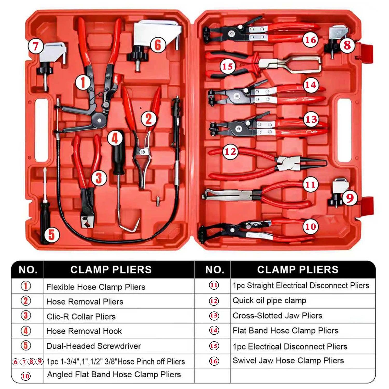 Hose Clamp Pliers Tool Set 16pcs Hose Clamp Removal and Installation Tool for Automotive Coolant Radiator Heater,fuel lines etc