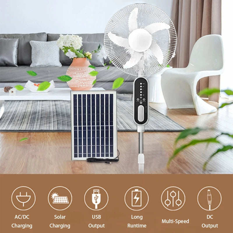 Solar rechargeable fan with solar panel, 2 bulbs, remote control function, 9 wind speeds