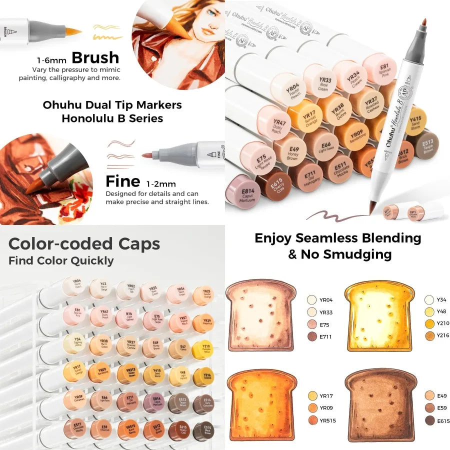 24 Skin-Tone Colors Alcohol Markers for Sketch Art and Coloring Alcohol-Based Brush Markers.