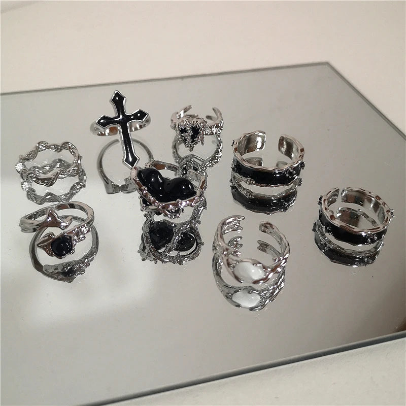 Punk Harajuku Goth Thorns Black Silver Color Irregular Heart Cross Open Ring.