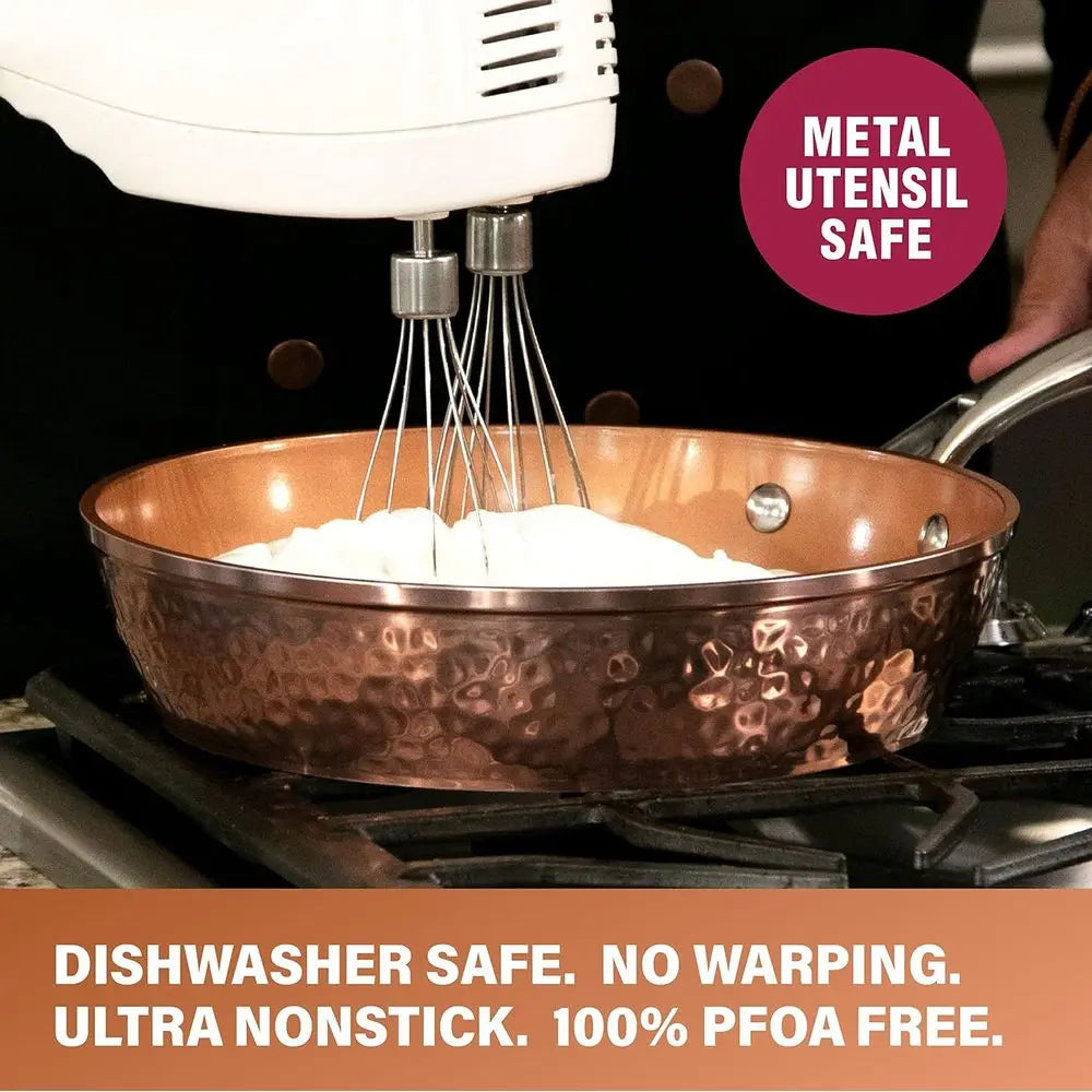 14 Inch Hammered Copper Non-Stick Frying Pan with Lid, Ceramic Coating, Induction Compatible, Oven and Dishwasher Safe, 100% PTF