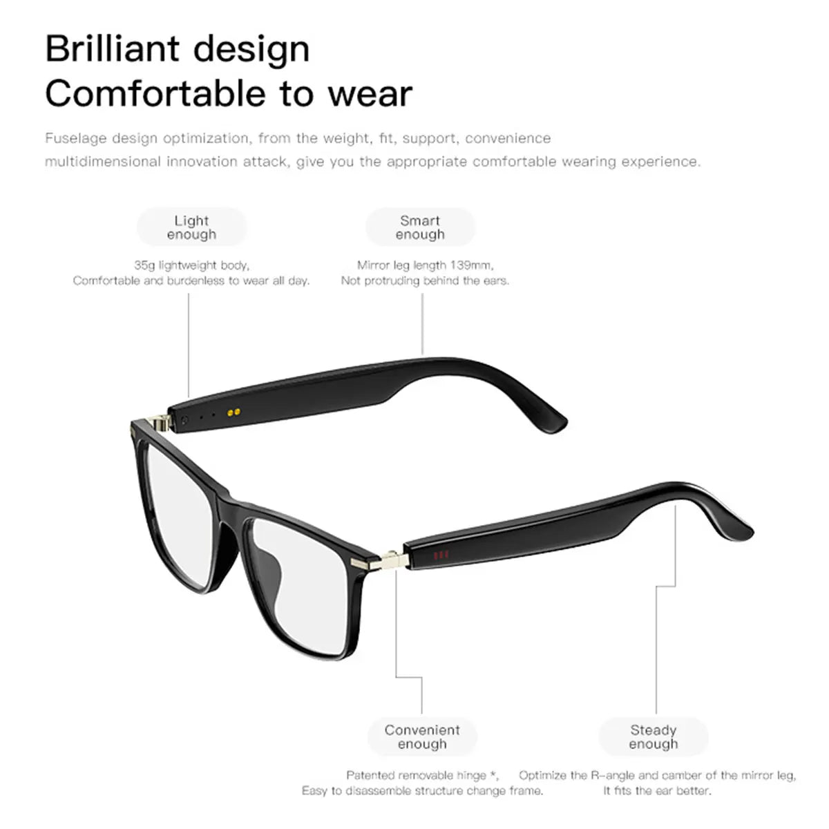 New smart glasses with built-in microphone and speaker.