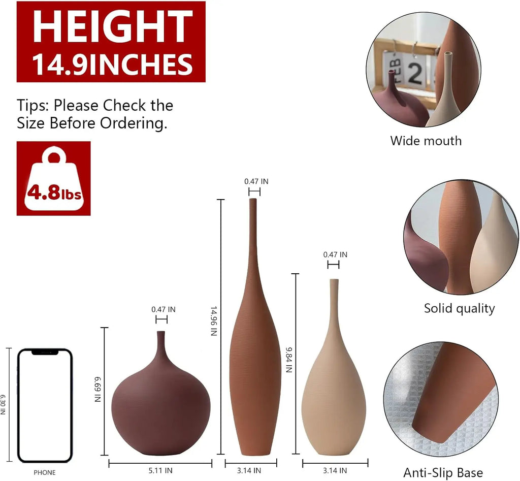 Set of 3 Modern Ceramic Vases, Farmhouse Minimalist Decor for Home Centerpieces in Brown Khaki Red