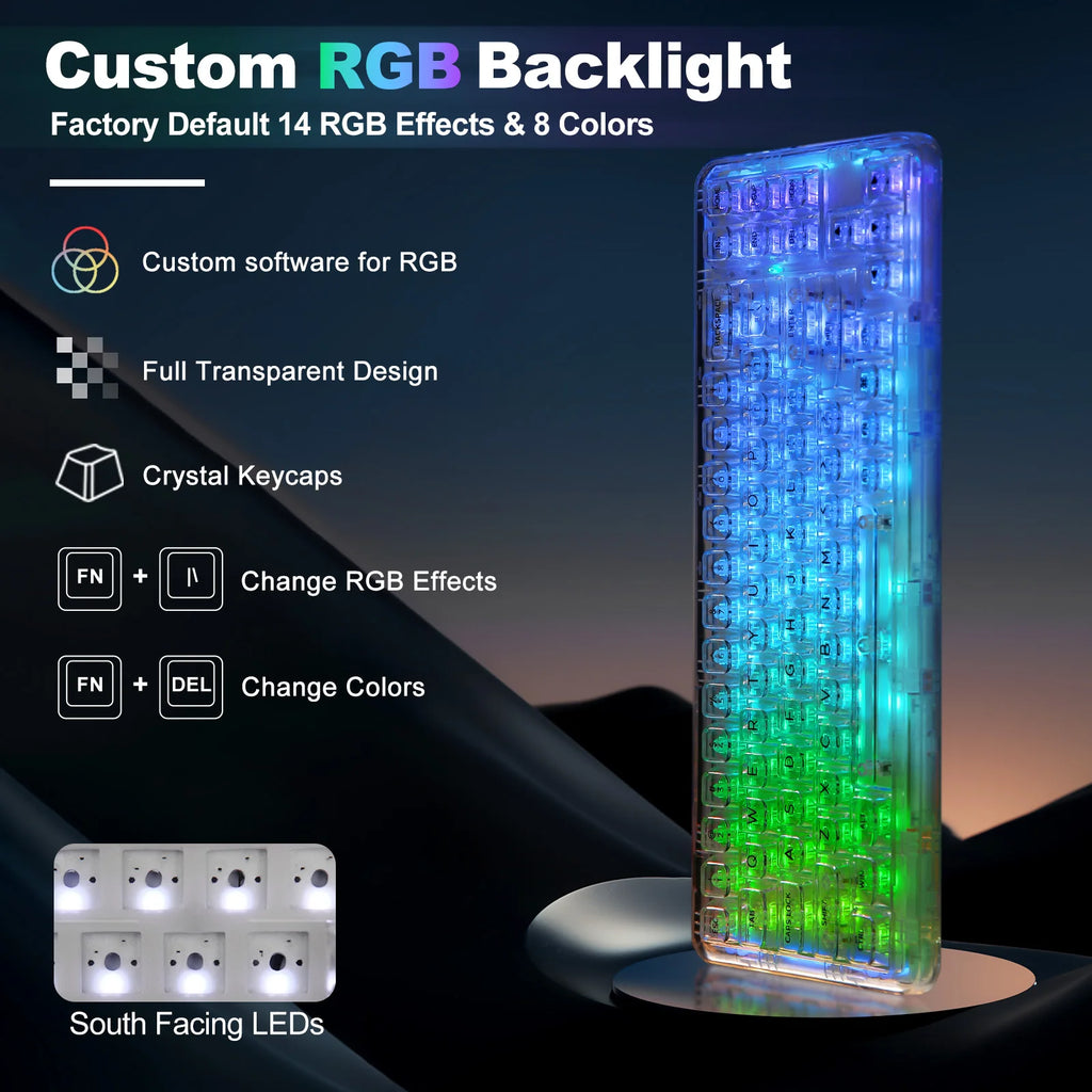 Wireless BT/2.4G/USB-C Gasket Hot-Swap Transparent RGB Mechanical Gaming Keyboard with Clear Keycaps
