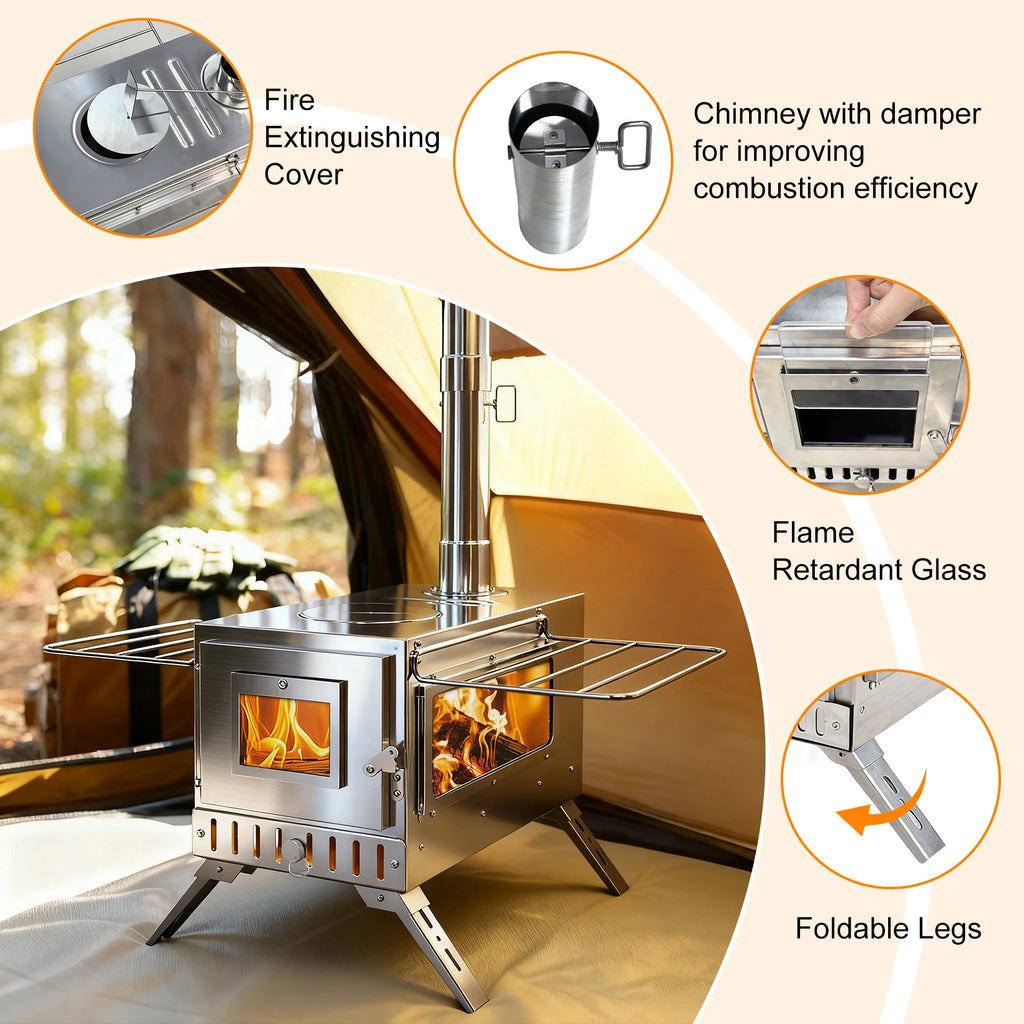 Hot Tent Stove, Portable Wood Burning Camping Stove Stainless Steel for Tent, Outdoor, Heating, Cooking, Ice Fishing