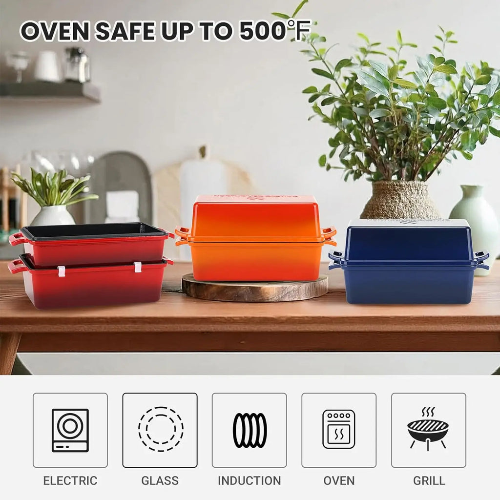 Enameled Cast Iron Loaf Pan with Lid, 2-Piece Set for Baking Homemade Bread, Oven Safe