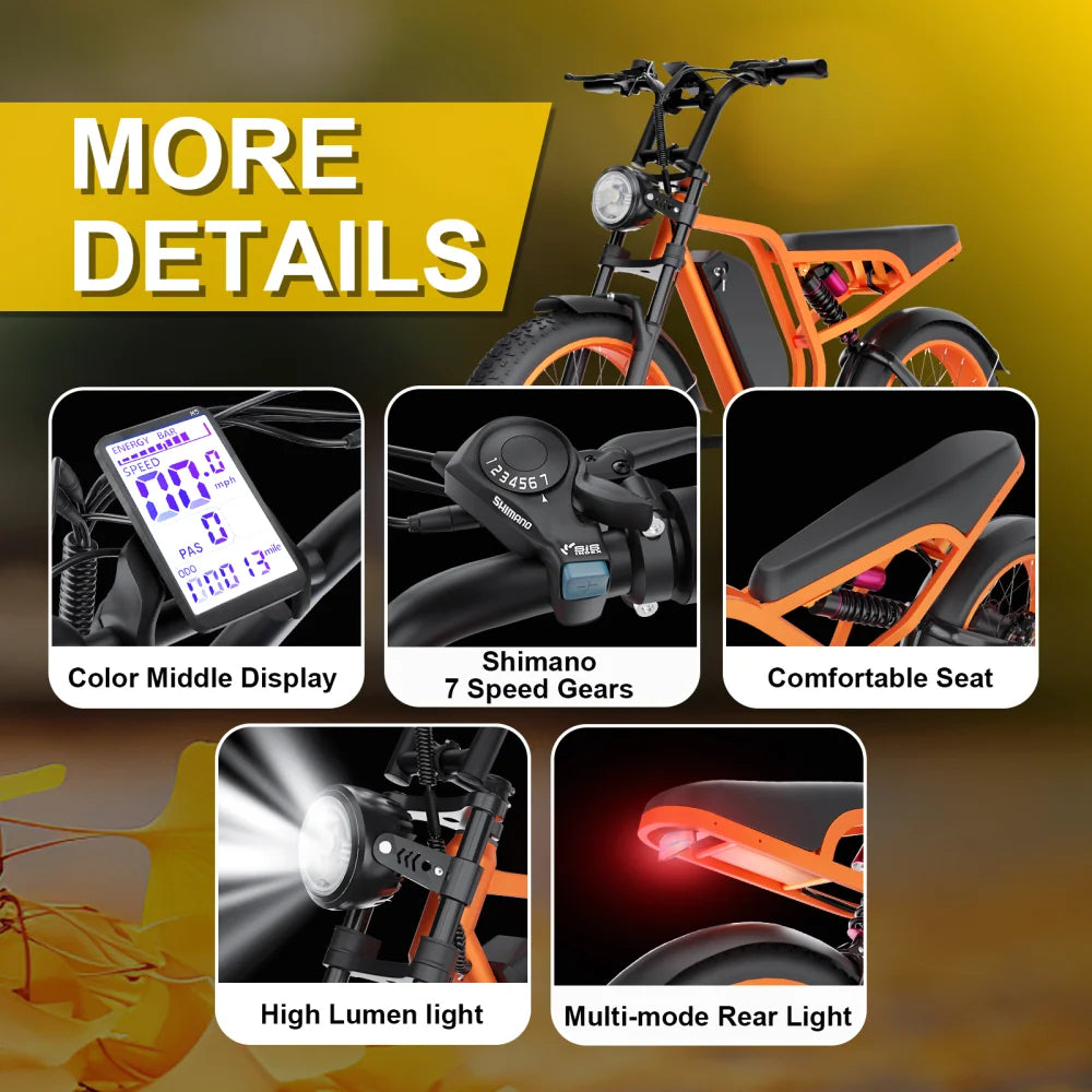 US Stock! 20'' Electric Bike 1500W Motor 52V 20AH 80 Miles 32MPH IP65 Waterproof.