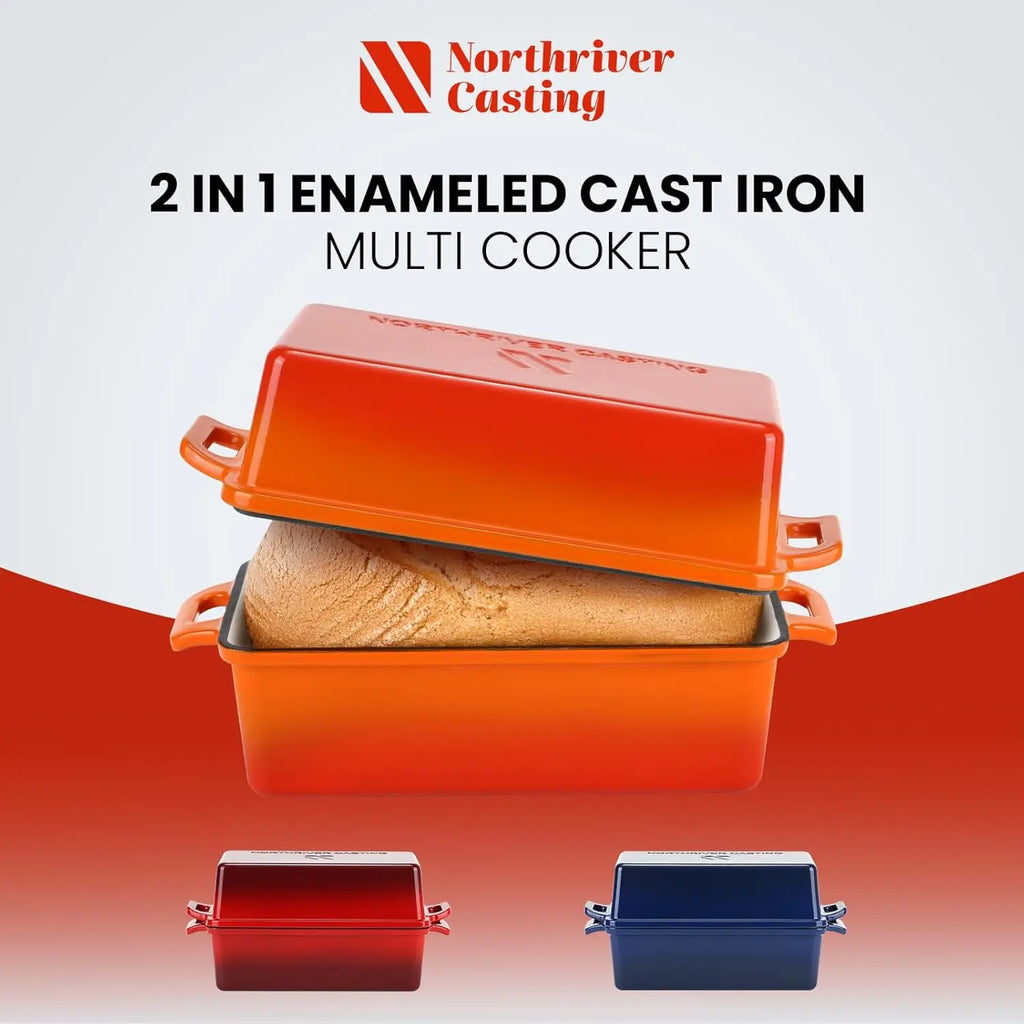 Enameled Cast Iron Loaf Pan with Lid, 2-Piece Set for Baking Homemade Bread, Oven Safe