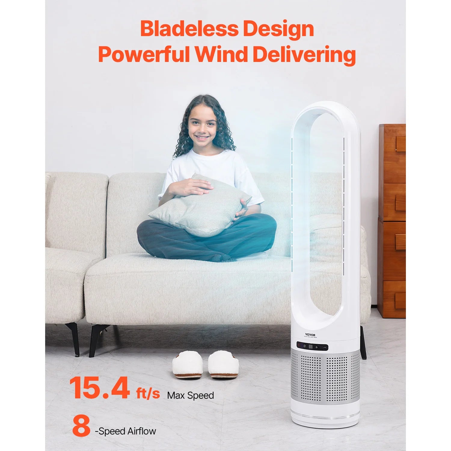 VEVOR Tower Fan Bladeless 15.4ft/s Velocity Floor Blows Cold Air 80° Oscillating 8-Speed Fans 8e Control & Air Purification Mode