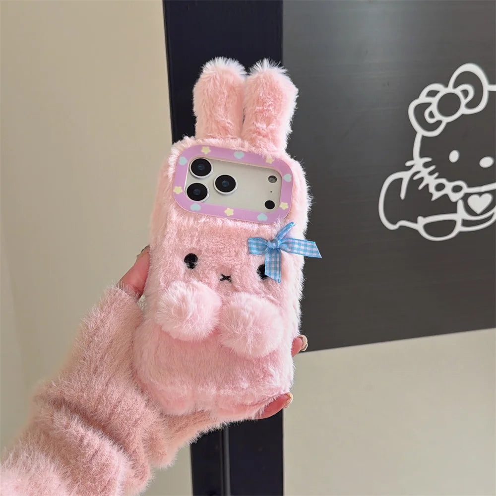 Warm fluffy furry bow 3D rabbit phone case.