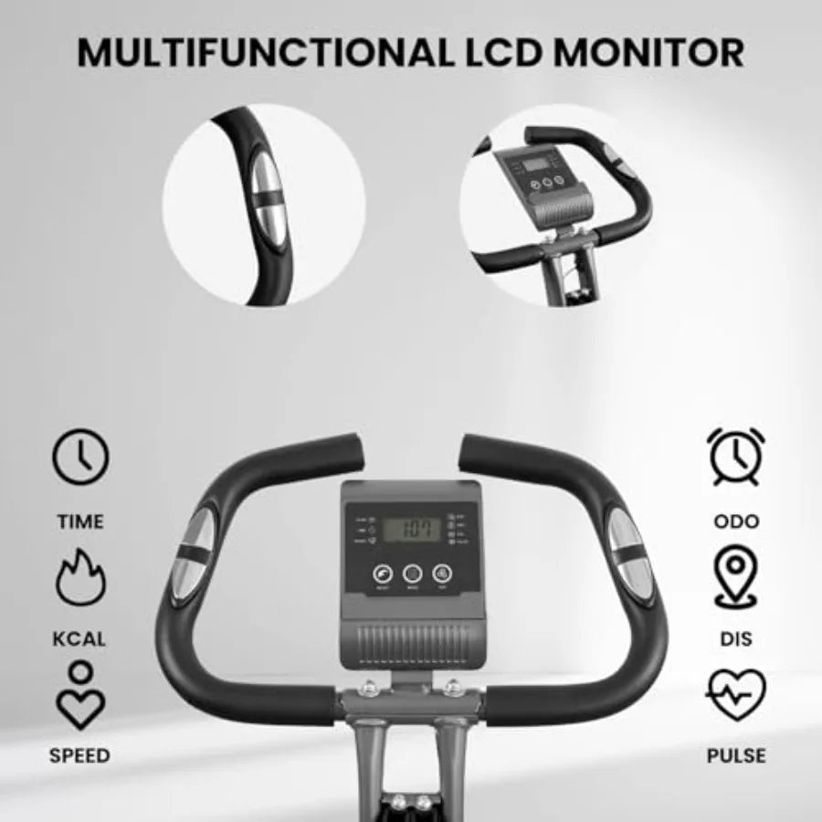 Home Workout Stationary Exercise Bike with 10Level Adjustable Magnetic Resistance Folding Design Builtin Back Support Pad Phone