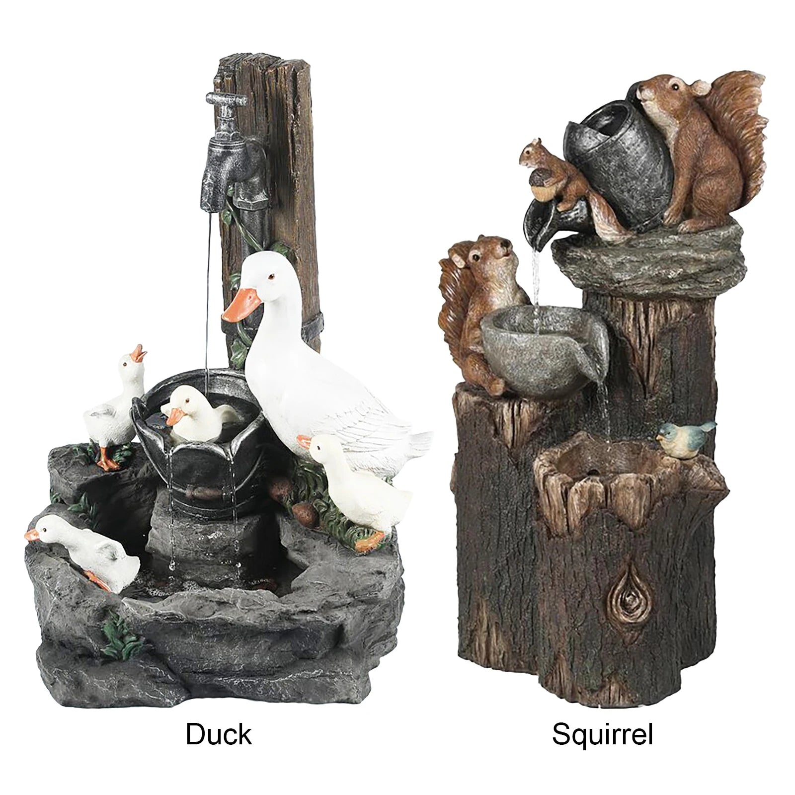 Duck /Squirrel Fountain Ornament Water Fountain Squirrel Statue Landscaping Decor with Light.