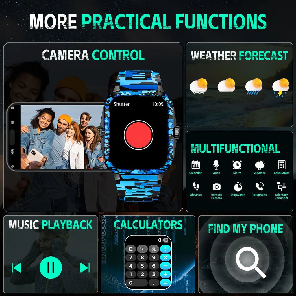 LaNikar Smart Watch 3ATM Waterproof Men 1.96" KT71 Fitness Tracker Heart Rate Bluetooth Call Camouflage Color Original Design