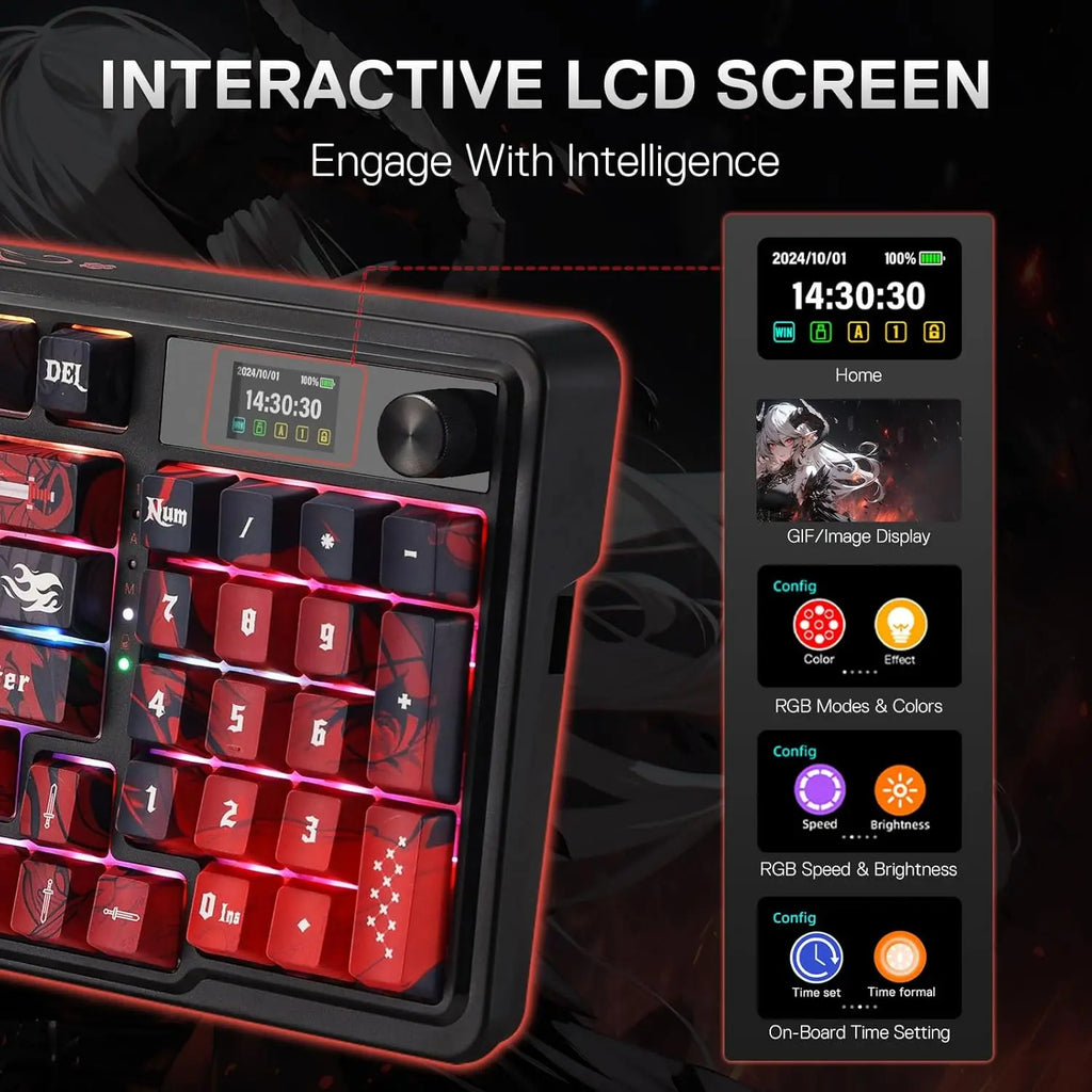 K719 PRO Wireless Gasket Gaming Hype Screen & Knob, 95 Keys Mechanical Keyboard,Easy-Control 1.14’’ TFT Info Display