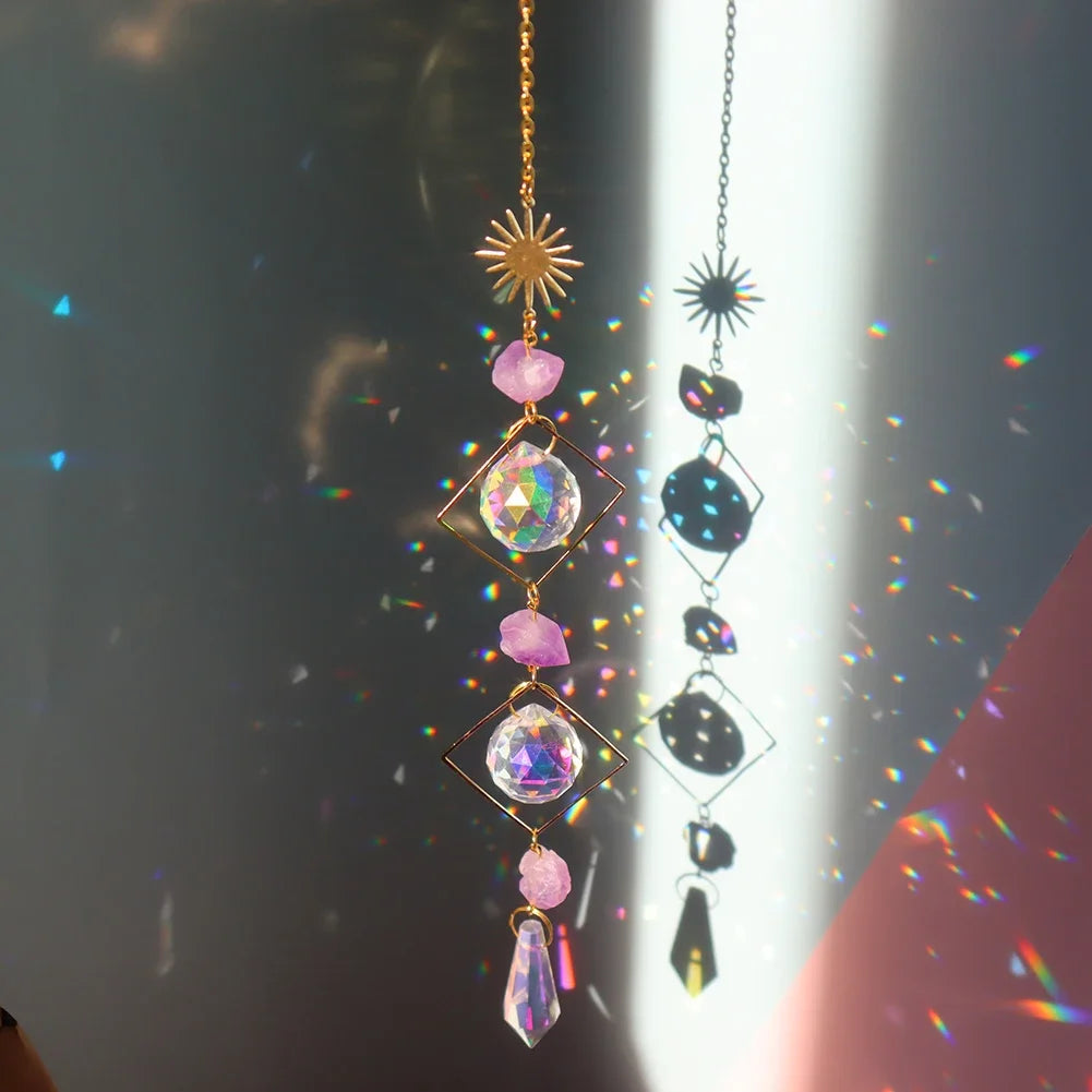 Crystal Wind Chime Star Moon Sun Catchers Windchimes Plated Colorful Beads Hanging Drop.