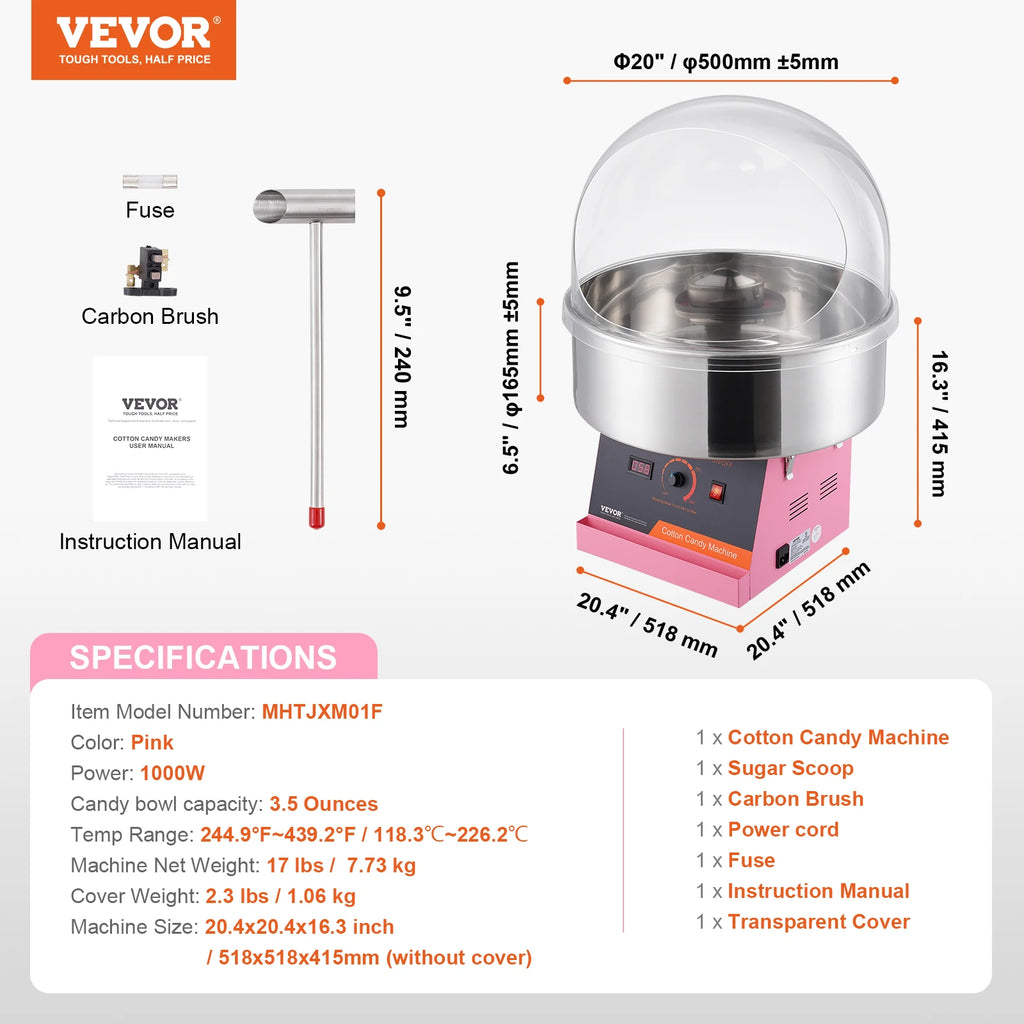 Electric Cotton Candy Machine 1000W Candy Floss Maker Commercial Cotton Candy Machine Stainless Steel Bowl Sugar Scoop