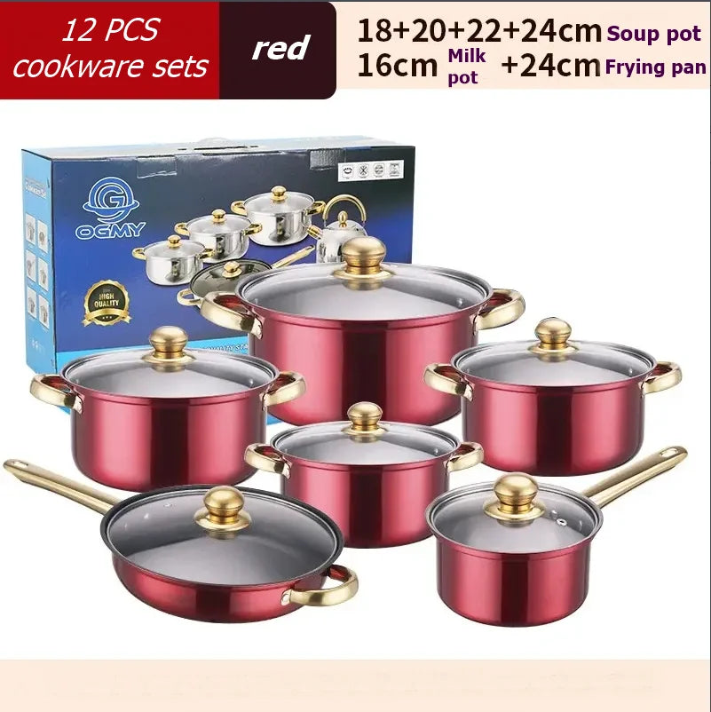 12PCS of Stainless Steel Colored Cookware Set Non-stick Pan Gold-plated Handle Soup Pot Milk Pot Pan Frying Pot Kitchenware