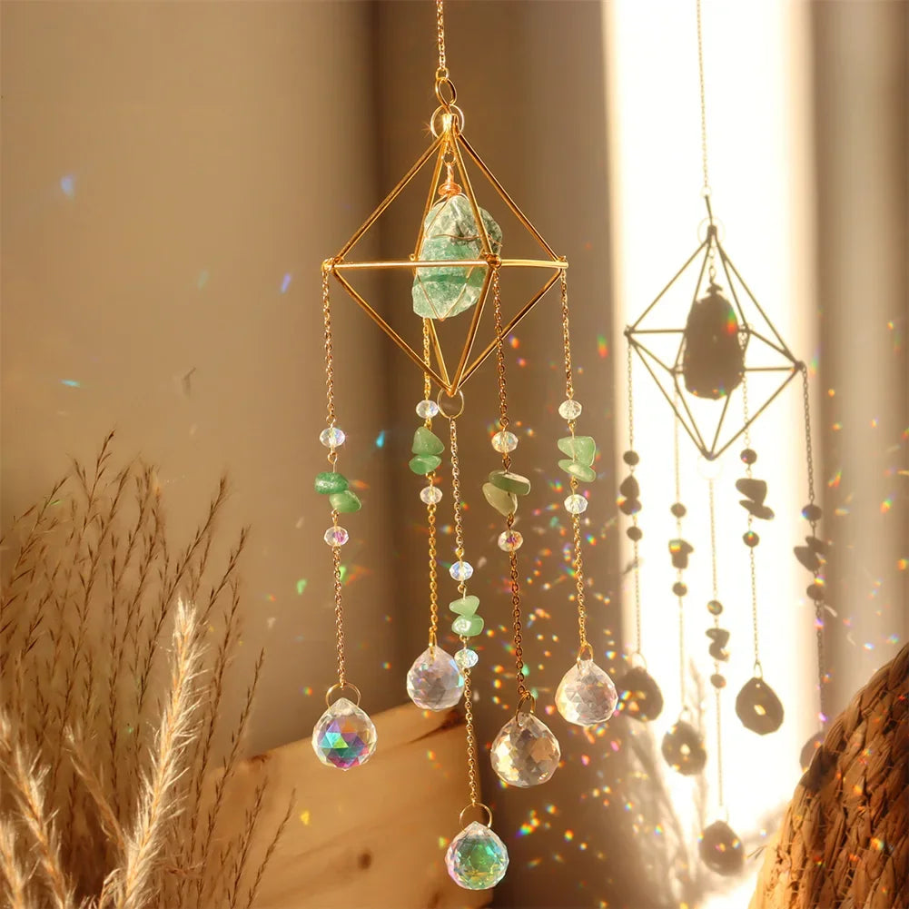 Crystal Wind Chime Star Moon Sun Catchers Windchimes Plated Colorful Beads Hanging Drop.