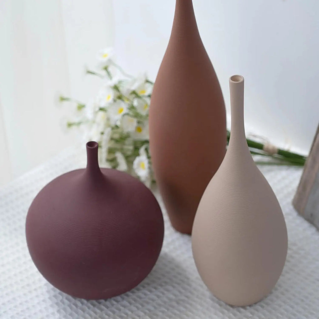 Set of 3 Modern Ceramic Vases, Farmhouse Minimalist Decor for Home Centerpieces in Brown Khaki Red