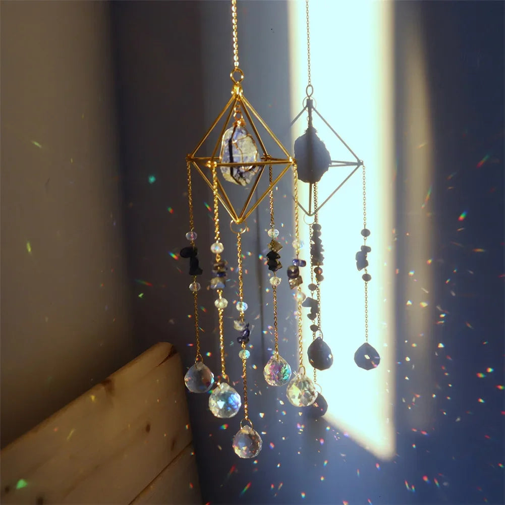 Crystal Wind Chime Star Moon Sun Catchers Windchimes Plated Colorful Beads Hanging Drop.