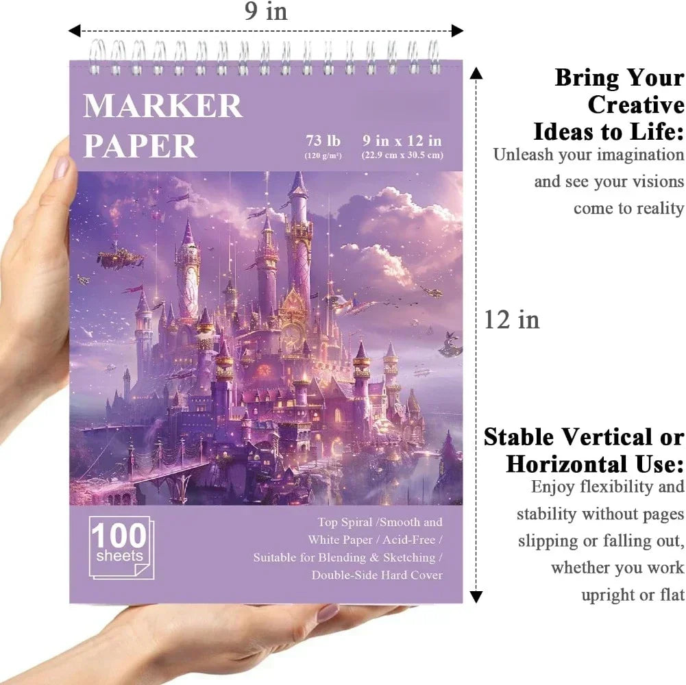 9"x12" marker paper sketchbook, 120 GSM / 73 lbs alcohol marker paper, 100 hardcover sketchbooks