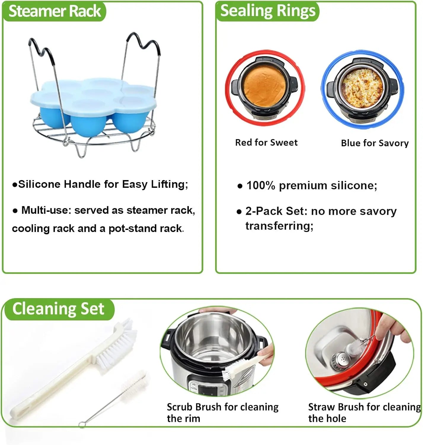 8 Quart Pressure Cooker Accessories Set - Steamer Basket, Glass Lid, Silicone Rings & More for Cooking