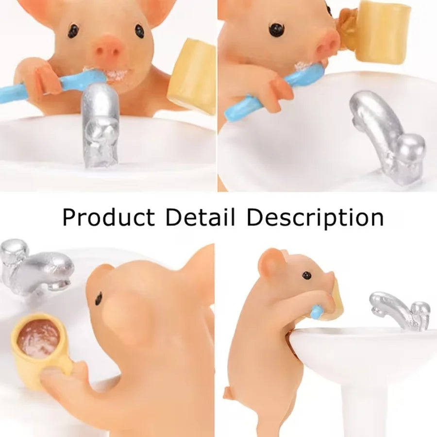 Adorable Piglet Brushing Teeth Figurine Resin Animal Decor Bathroom Desktop Cute Ornament Home Decorative Mini Statue Gift
