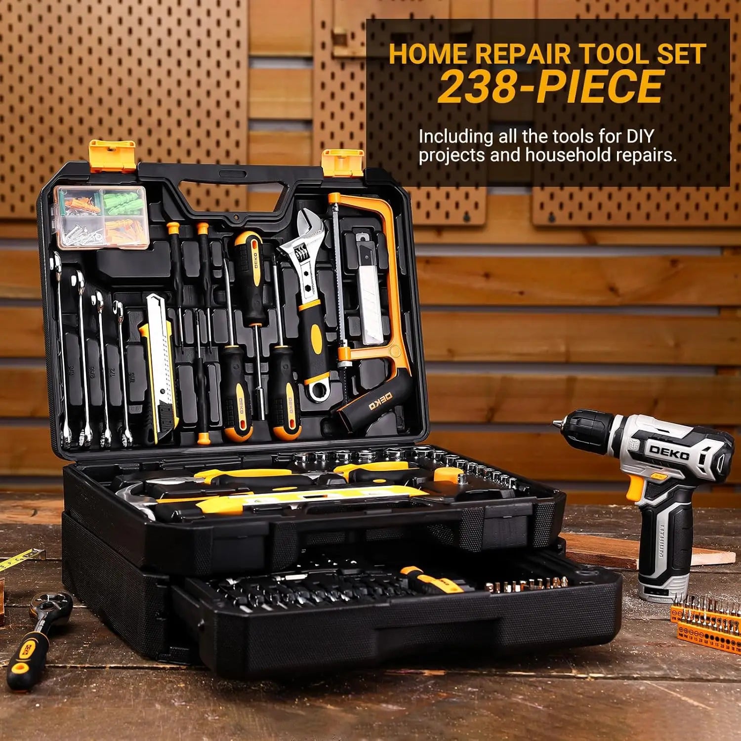Mechanic Toolbox with 12V Power Cordless Drill Hand Repair Tools Sets Combo Kits Storage Organizer Drawer Case