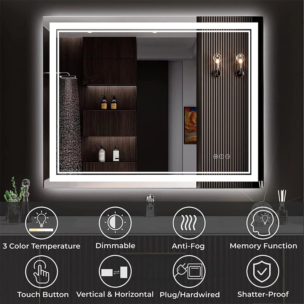 LED Front Backlit Dimmable Vanity Wall Mirror HD Anti-fog