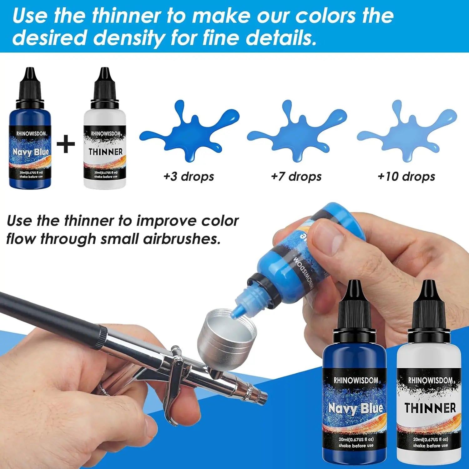 44 Colors with 4 Thinner Metallic Airbrush Paint Set (0.67 oz), Water Based Acrylic Air Brush Paint for Metal, Plastic Models.