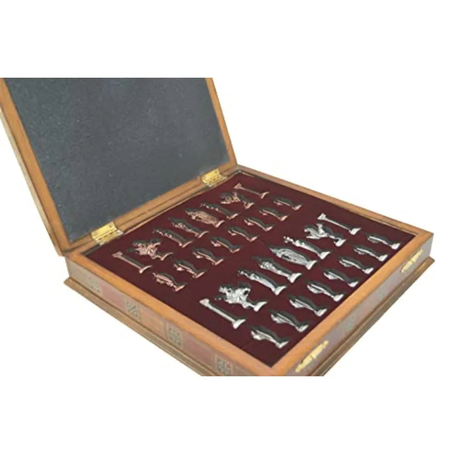Medieval British Army Antique Copper Metal Chess Set for Adults Handmade Pieces and Natural Solid Wooden Chess Board with Hidde