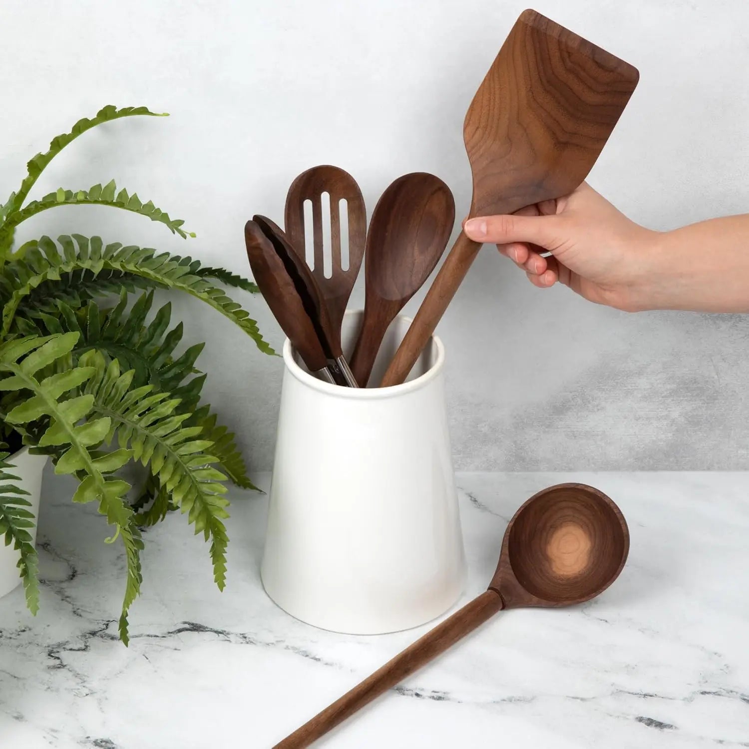 5-Piece Walnut Wooden Kitchen Utensil Set - Turner, Tongs, Slotted Spoon, Ladle & Spoon - Safe for Nonstick Cookware