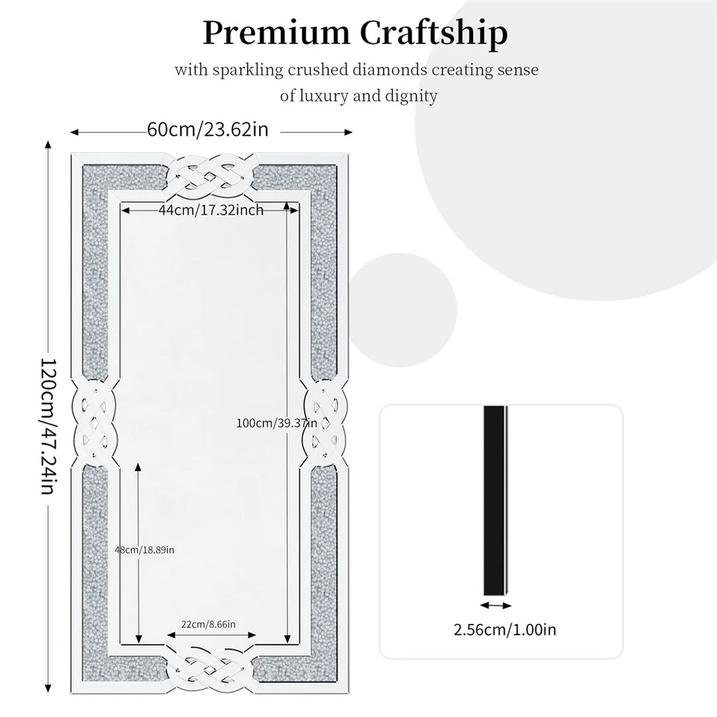 Large Crush Diamond Full Body Wall Mirror Artistic Silver Bathroom Vanity Mirror