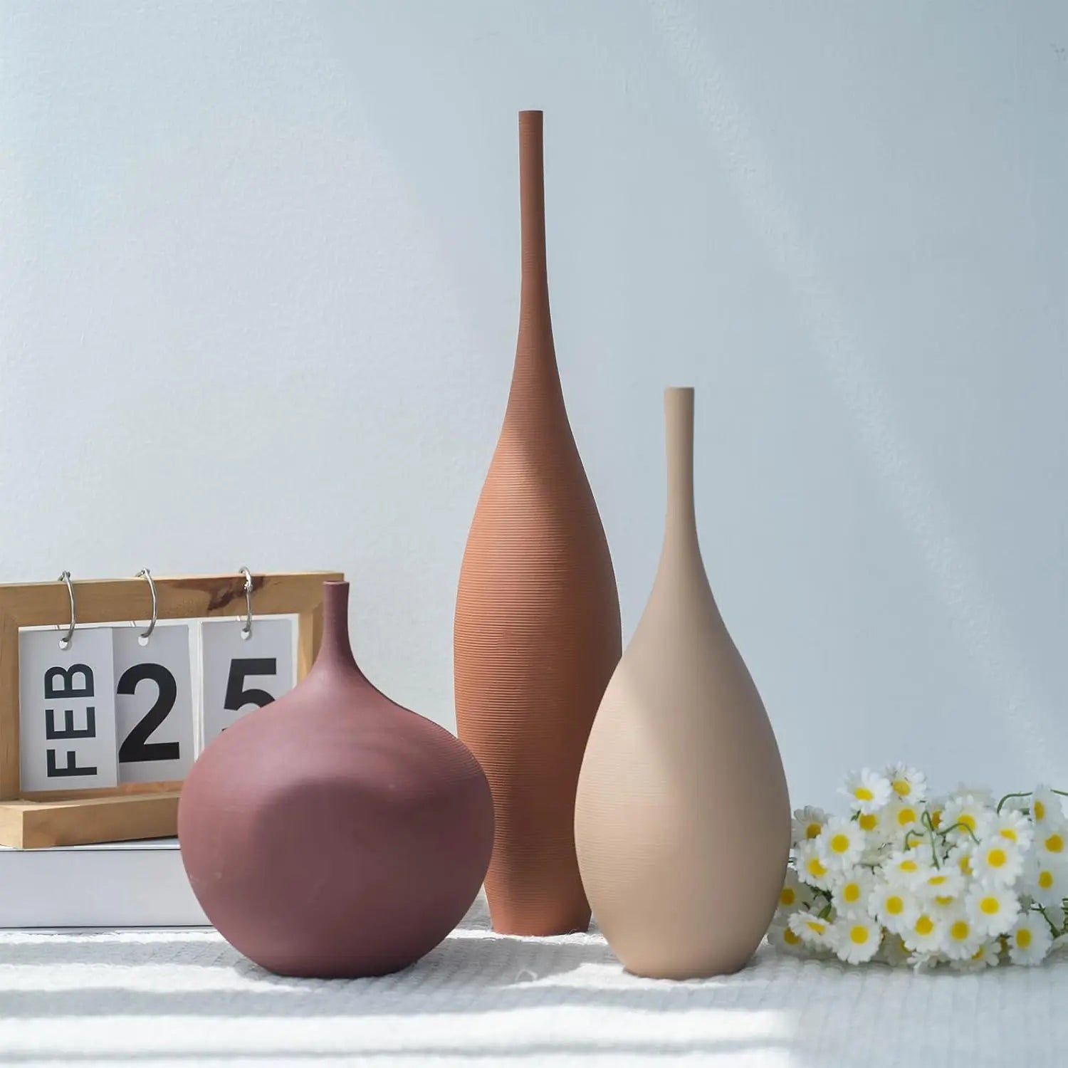 Set of 3 Modern Ceramic Vases, Farmhouse Minimalist Decor for Home Centerpieces in Brown Khaki Red