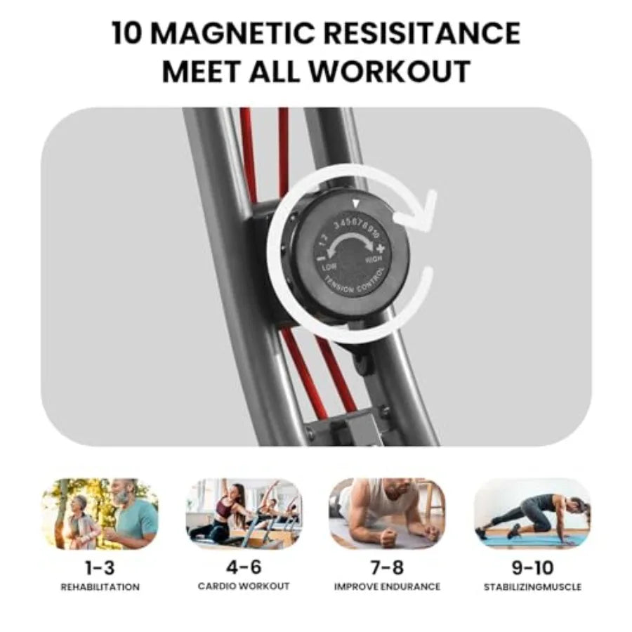 Home Workout Stationary Exercise Bike with 10Level Adjustable Magnetic Resistance Folding Design Builtin Back Support Pad Phone