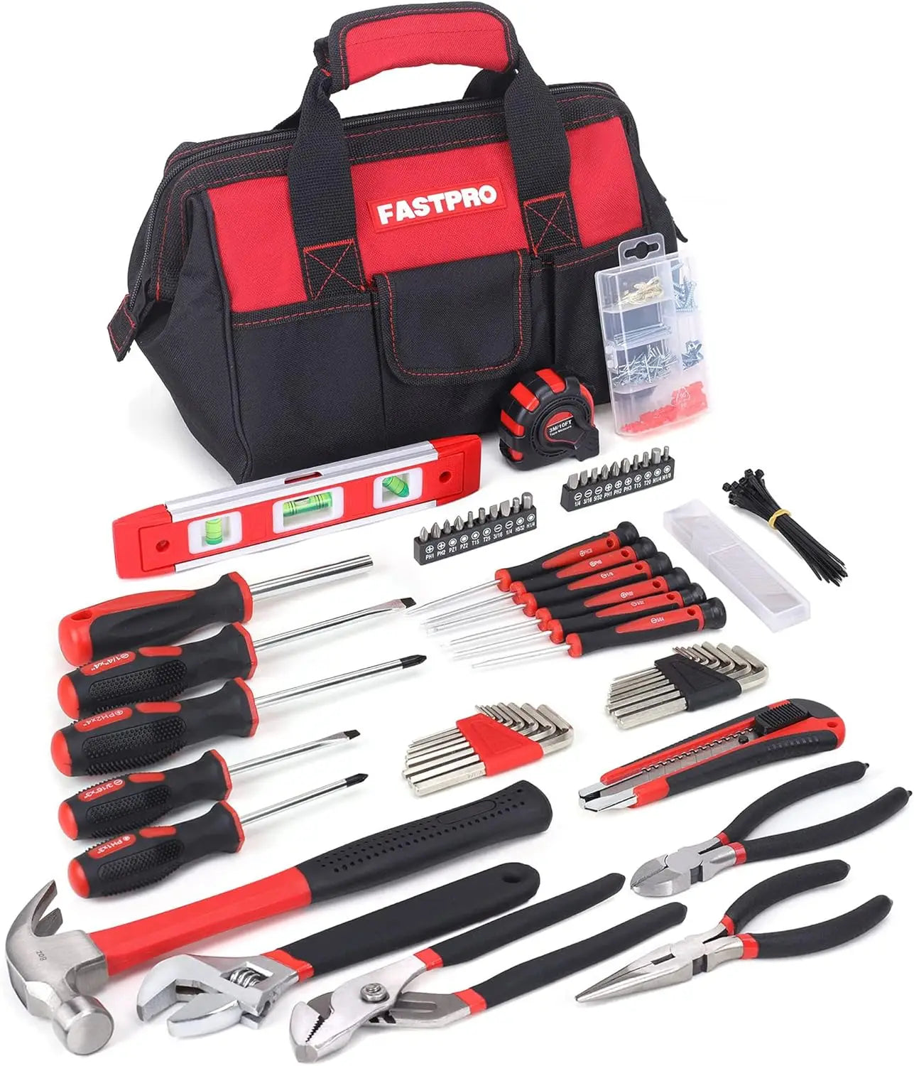215-Piece Home Repair Tool Set with 12-Inch Storage Bag, Household Hand Kit in Red