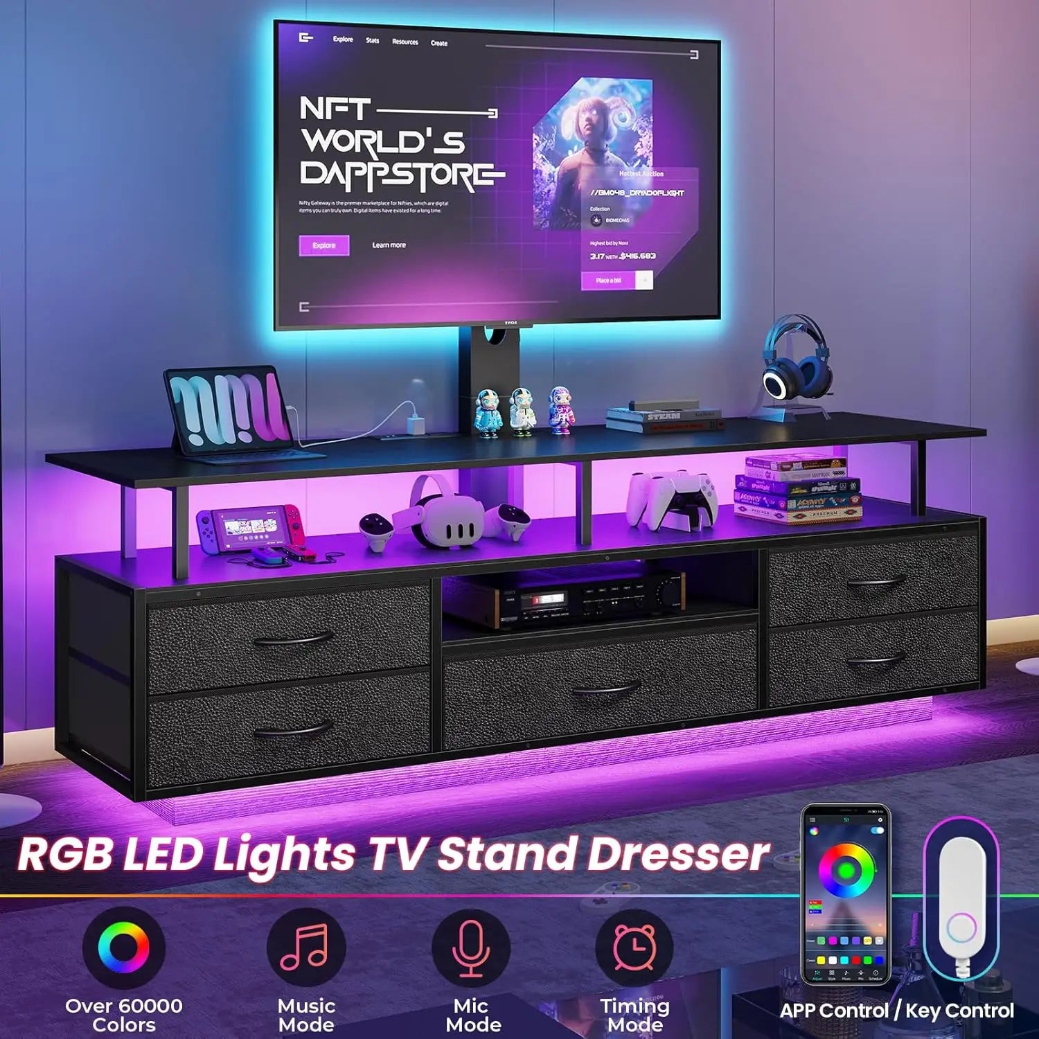 TV Stand with Mount for 32/55/65/70 inch TVs, 51.2" LED TV Stand with Power Outlets & Storage, Entertainment Center with Storage